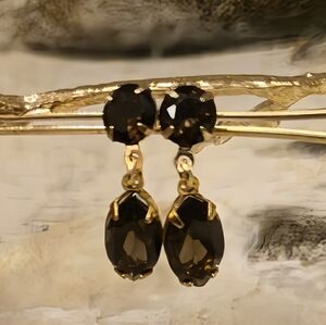 7 Carats Natural Smoky Quartz 2 Stones Round & Marquise In Gold Plated Earrings